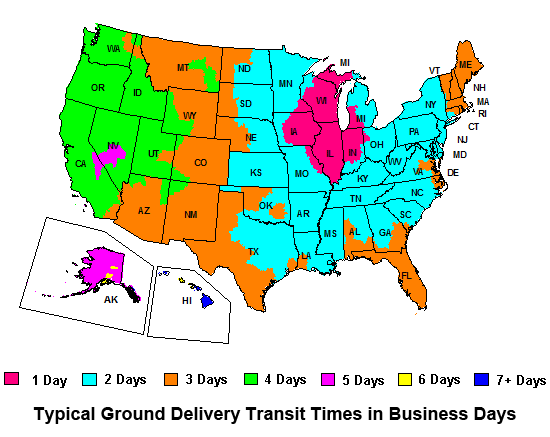 Typical ground delivery transit times in business days.