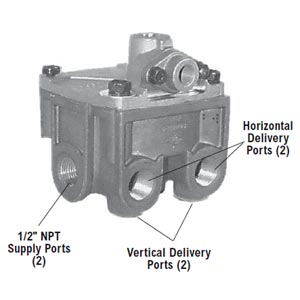 Bendix 800481 R-12DC Relay Valve - 4 PSI Crack Pressure, 2 Horizontal & 2 Vertical Delivery Ports Bendix 800481 R-12DC Relay Valve - 4 PSI Crack Pressure, 2 Horizontal & 2 Vertical Delivery Ports