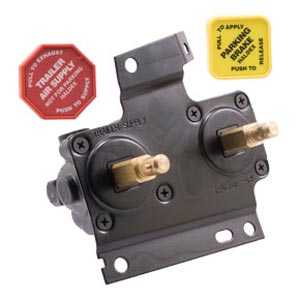 Haldex Dual Manifold Dash Valve, 3/8" Push to Connect Ports, 1/4" Unthreaded Mounting Holes Haldex Dual Manifold Dash Valve, 3/8" Push to Connect Ports, 1/4" Unthreaded Mounting Holes
