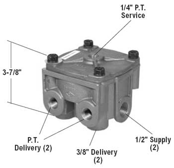 Bendix 065303 R-12 Relay Valve - 2 Horizontal & 2 Vertical Delivery Ports, 4 PSI Crack Pressure Bendix 065303 R-12 Relay Valve - 2 Horizontal & 2 Vertical Delivery Ports, 4 PSI Crack Pressure