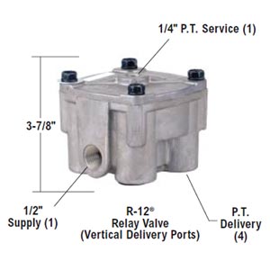 Bendix 065104 R-12 Relay Valve, Vertical Delivery Ports, 4 PSI Crack Pressure, 3/8" NPT Del Ports