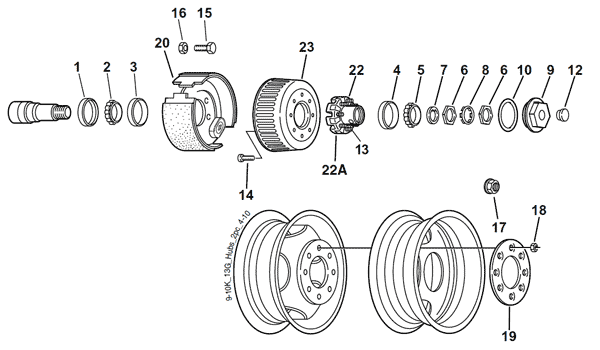 Dexter 9K, 10K, and 13G Two-Piece Hub & Drum Axle Parts Breakdown