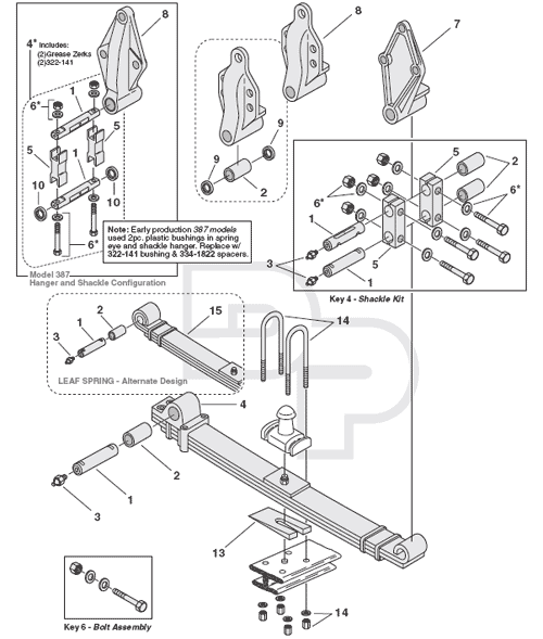 Peterbilt front suspension with 4-inch wide spring exploded view