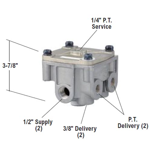 Bendix 065303 R12 Relay Valve 2 Horizontal & 2 Vertical Delivery Ports, 4 PSI Crack Pressure