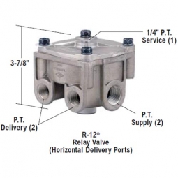 Bendix 065125 R-12 Relay Valve, Horizontal Delivery Ports, 5.5 PSI Crack Pressure